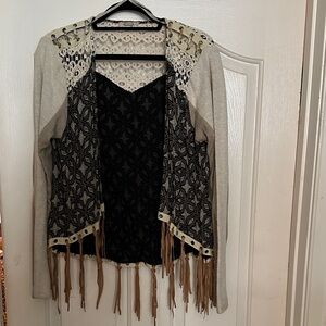 Gimmicks by BKE Beige and Black Lace Cardigan with Fringe
